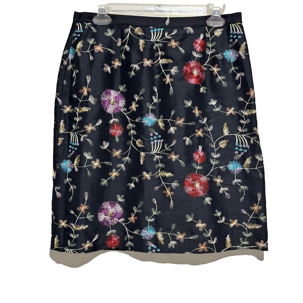 Silkland Petite Black 100% Silk Floral Embroidered Pencil Skirt 12P Embroidered‎